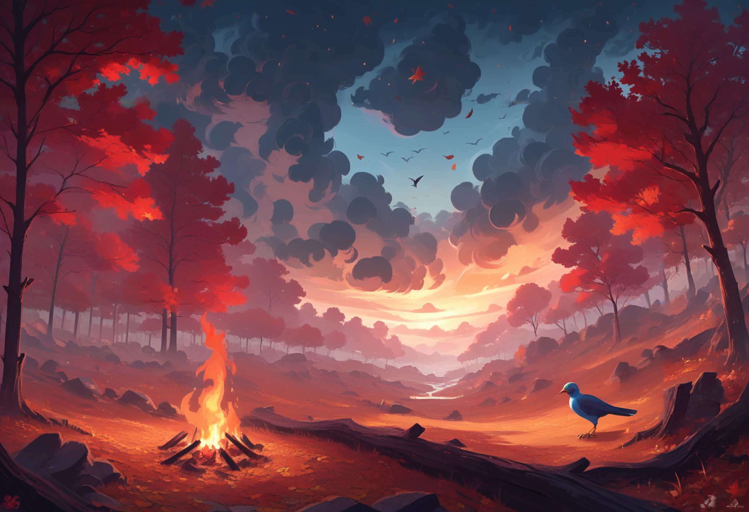 f1r3elemental style, scenery, tree, no humans, sky, outdoors, bird, cloud, autumn leaves, nature, cloudy sky, fire, leaf, fire, flames, smoke, embers, made of fire, on fire,  zPDXL , <lora:END-Fire_Elemental_Style:0.8>