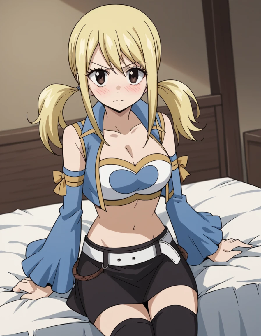 (all fours), gold boots, angel wings, wings, BREAK corset, navel, skirt, blue skirt, (veranda background), astraea, anime cels style, best quality, high resolution, 1girl, (huge breasts:1.2), beautiful face, blonde hair, long hair, (red eyes:1.5), cowboy shot, smiling
