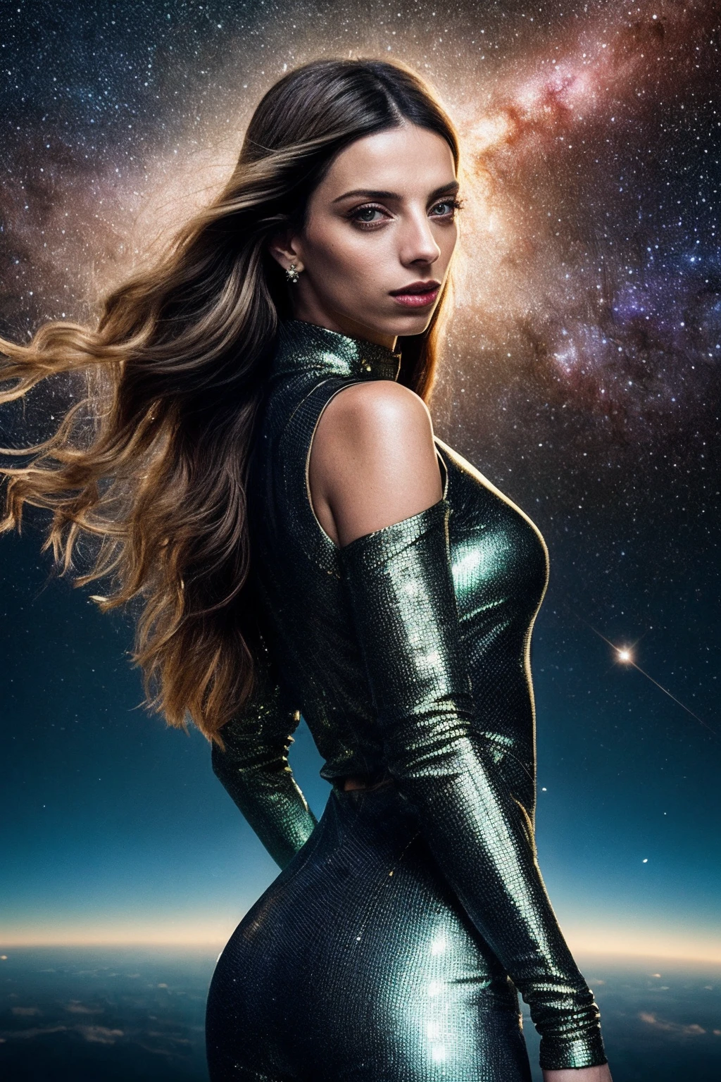 AngelaS_SoloTI_v1,
(Clad in gleaming golden armor, adorned with the Infinity Gauntlet, exuding an aura of unstoppable power), (A cosmic battlefield, with swirling galaxies and stars as the backdrop, alive with the energy of the universeâs might:1.3), (seductive:1.3),(analog, cinematic, film grain, hazy atmosphere, cinematic shot:1.3),
<lora:add_detail:0.6>, PA7_Portrait-MCU,