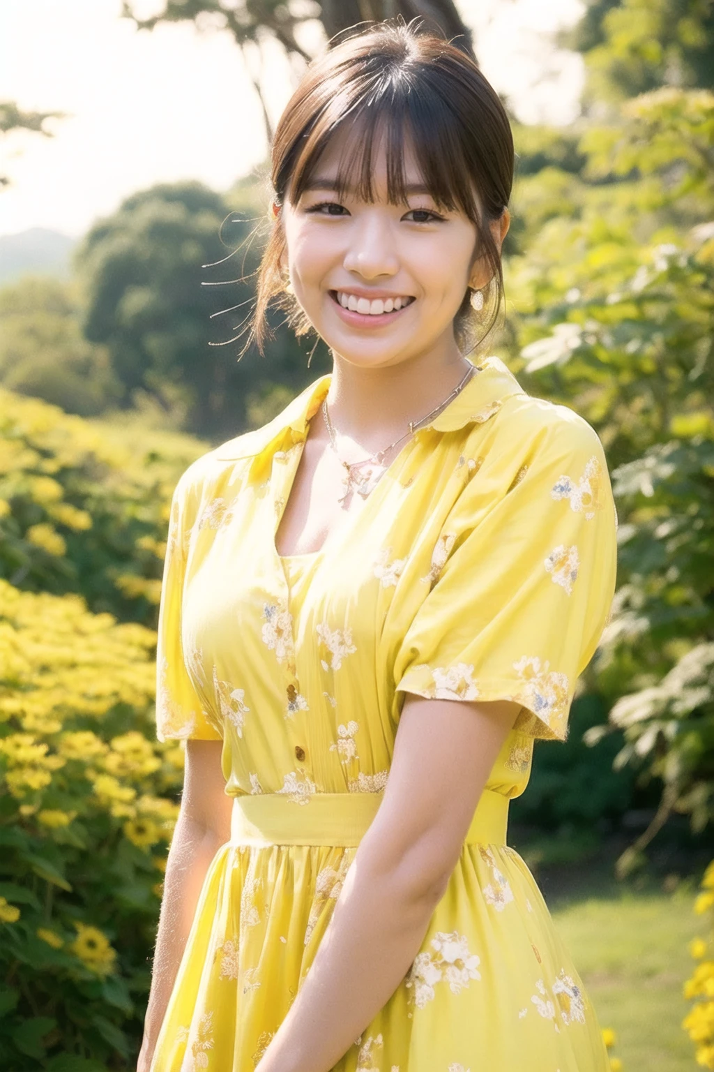 (best quality, photo realistic, hyper detail, sunlight ) 1girl,solo,brown hair,standing,outdoors,detailed skin,smile,yellow collared dress short sleeve,bohemian flowers print,star necklace,cowboy shot,bokeh,film grain,<lora:Anyuj!!n-02:0.9>,Anyuj!!n,smile,