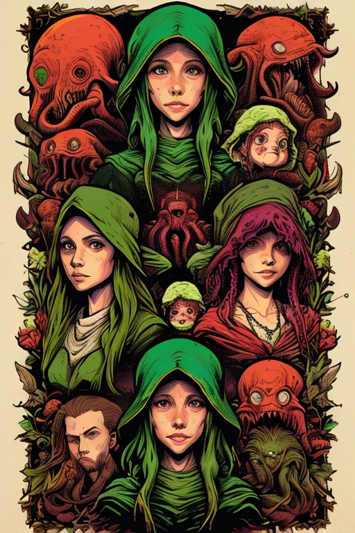 masterpiece,best quality,<lora:tbh160-:0.9>,illustration,style of Dan Mumford,portrait of Cthulhu portrait of family