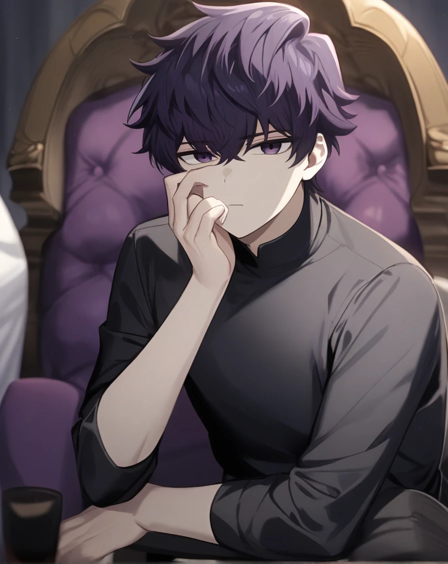 masterpiece, best quality, very aesthetic, absurdres, very detailed, safe, depth of field, ((1boy, solo, male only, male focus, upper body)),  <lora:komi_shousuke_sdxl_lora:0.8>, (komi shousuke, purple hair, purple eyes, short hair, hair between eyes, bangs, pale skin), black shirt, sitting, throne, hand on own face,