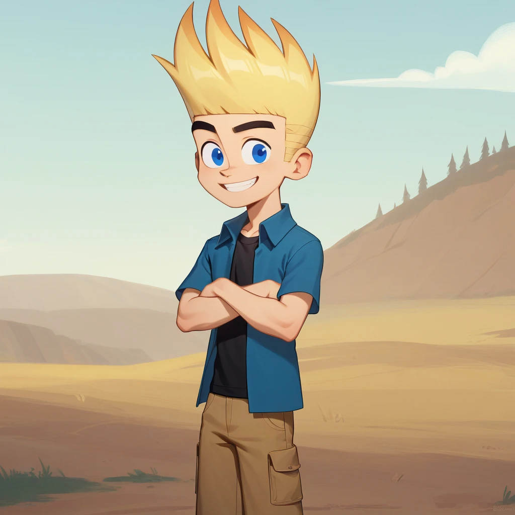 score_8_up, BREAK, JohnnyTest, solo, 1boy, blonde hair, spiked hair, blue eyes, black shirt, open blue clothes, short sleeves, brown pants, <lora:JohnnyTest_PXL_Leaf2:1>, smile, cowboy shot, outdoors, crossed arms,