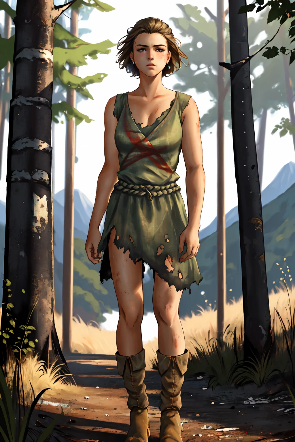 masterpiece,best quality,1girl,short hair,standing,fnvlegionslave, <lora:FNVlegionslave15:0.85>,torn clothes,short less,torn dress,boots,glum,full body,outdoors,arms at sides,in mountain forest,dirty, fcPortrait