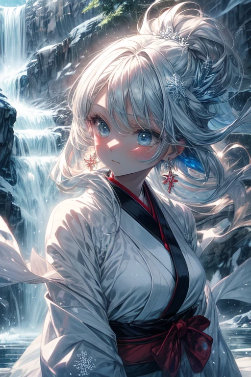 1 anime girl, solo, 1girl, elegant girl, cold and indifferent expression, white hair, icy blue eyes, icy miko clothes, bleu miko kimono, long hair, ofuda on the fronthead, little snowflake earrings, snowflake hair ornament, snowy mountain background with frozen waterfall, masterpiece, best-quality,