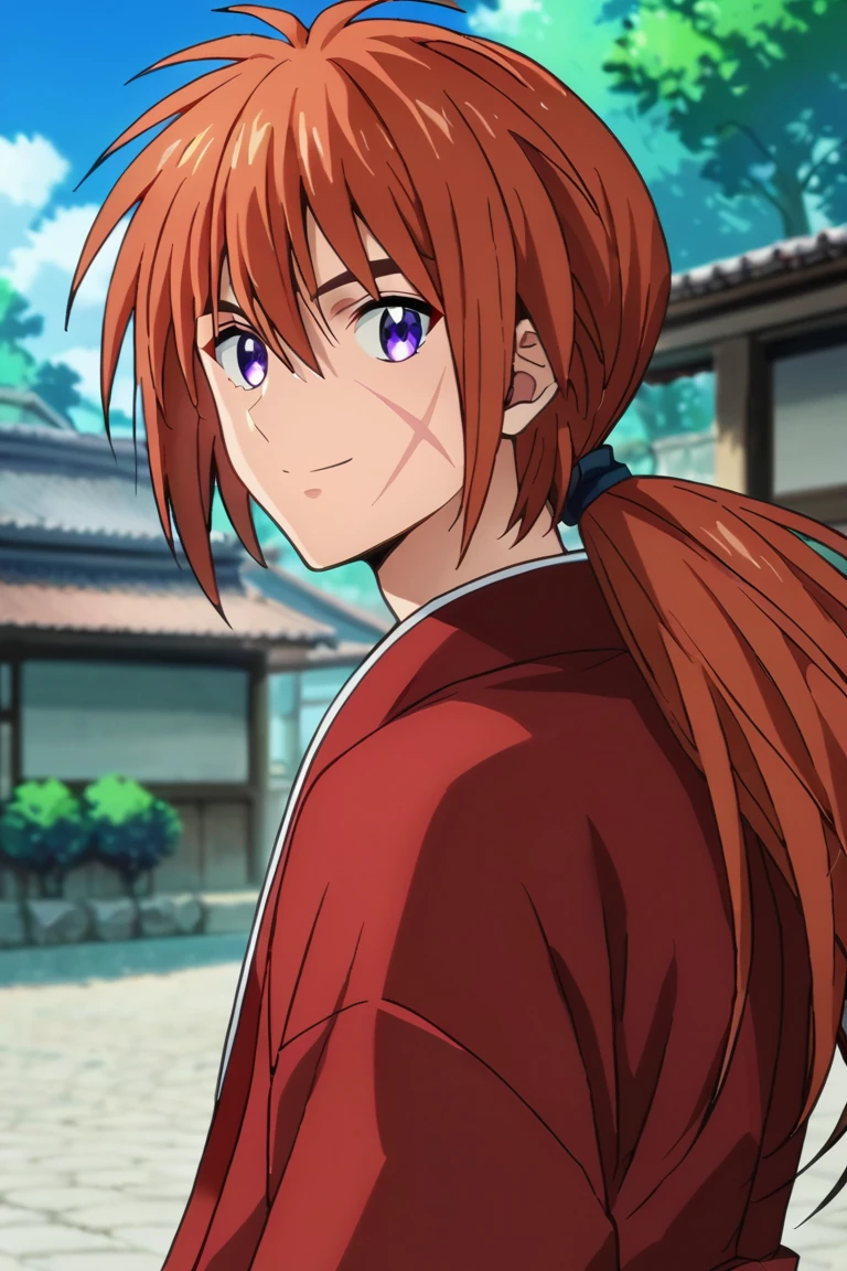 score_9,score_8_up,score_7_up,source_anime,1boy, solo,looking at viewer,
Himura Kenshin,red hair, purple eyes, scar on face,ponytail,long hair, smile, outdoors, japanese clothes, upper body, looking back, street<lora:EMS-397200-EMS:0.800000>