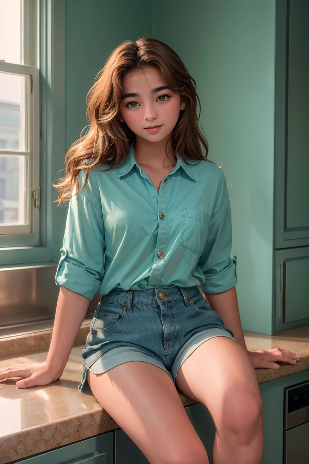  a photograph of (1girl, 21 years old, slight smile)>,  <lora:ZH_AJRaval_v1SD1.5:1>, zh_ajraval, solo, realistic, long hair, brown eyes, looking at viewer, wearing (loose button shirt and shorts)