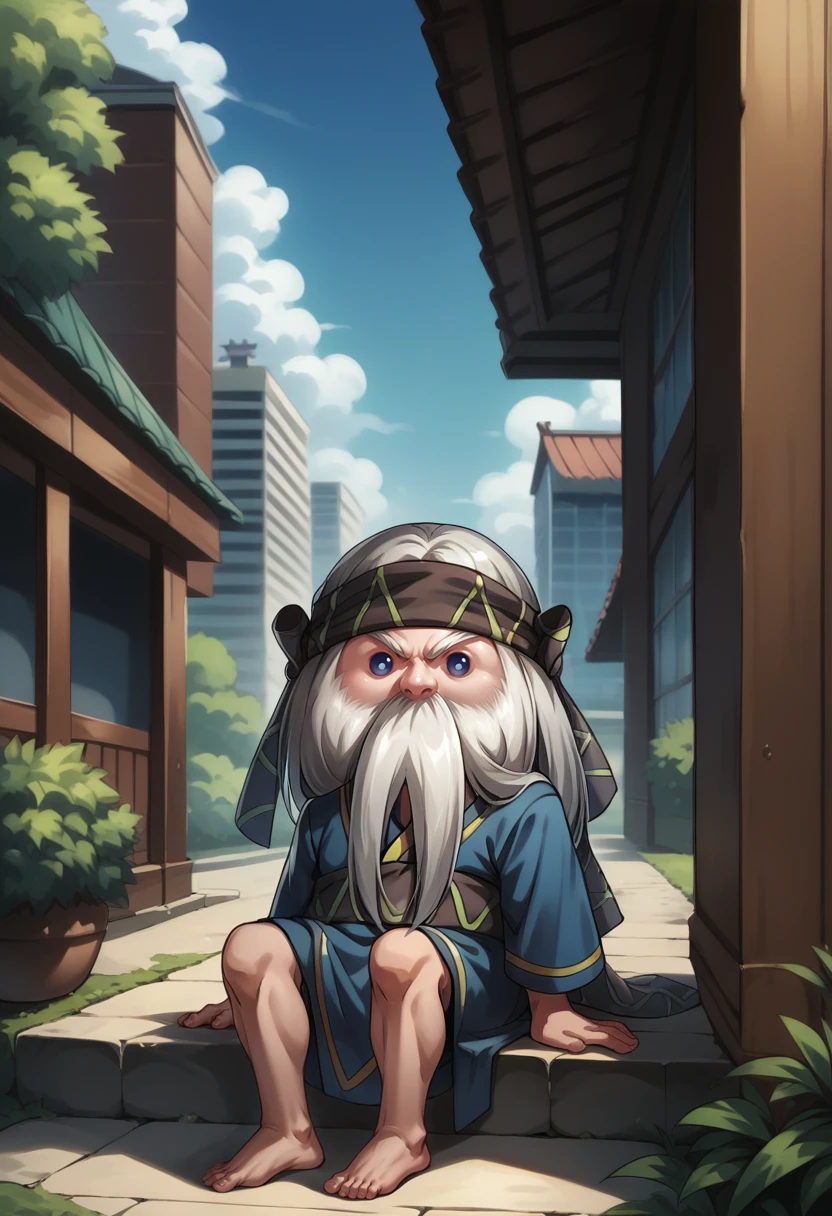 score_9, score_8_up, score_7_up, source_anime,  1boy, sitting, indian style, looking at viewer, <lora:KoropokkuruSMT-pdxl:1> koropSMT, chibi, long hair, headband, mustache, ainu clothes, long sleeves, barefoot, outdoors, city