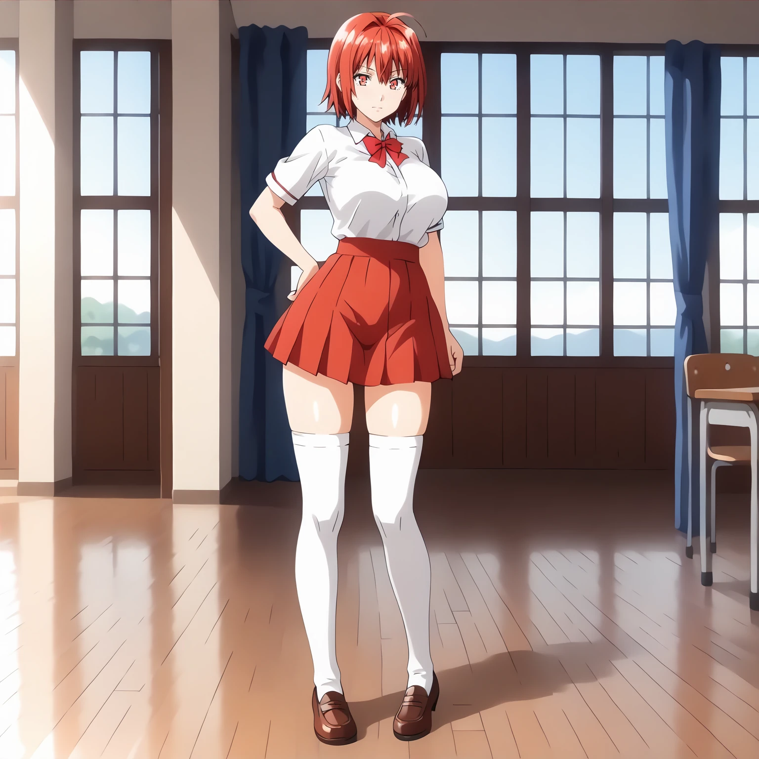 <lora:YuukaYoshiiXLpony001>,
solo,
YuukaYoshii,1girl,red hair,short hair,red eyes,
large breasts,
school_uniform,white shirt,red bowtie,
red skirt,
white_thighhighs,
full body,standing,