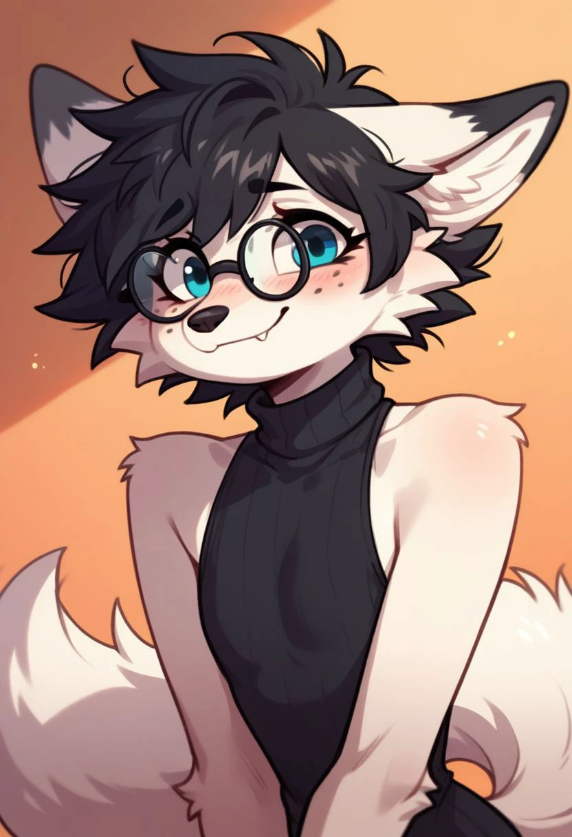 score_9, score_8_up, score_7_up, source_furry, maple, white fox, ((white fur)), furry female, black eyewear, black short hair, black hair, messy hair, black freckles, blush, smile, fox ears, fox tail, arctic fox,  black turtleneck, blue eyes, looking at viewer, flat chest,