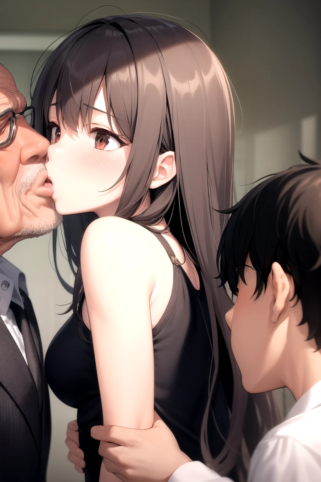 <lora:foreground_boys_v1.5:1>
1girl, long hair,
looking back, upper body,
2boys, kiss, old man, surprised,, masterpiece, best quality, highly detailed