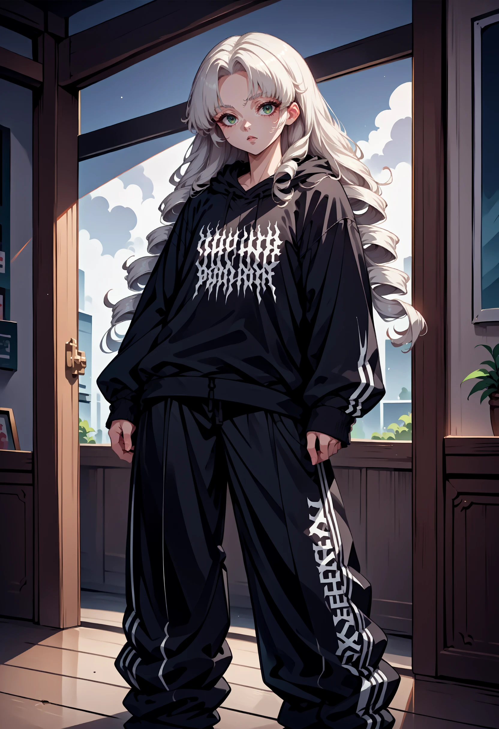 score_9, score_8_up,score_7_up, source_anime, rating_safe, 1girl, solo, <lora:EPblackmetalprint:1>, EPblackmetalprint, wearing EPblackmetalprint, black hoodie, black pants, black shorts, baggy pants, 1girl, green eyes, white hair, drills, long hair, indoors, standing