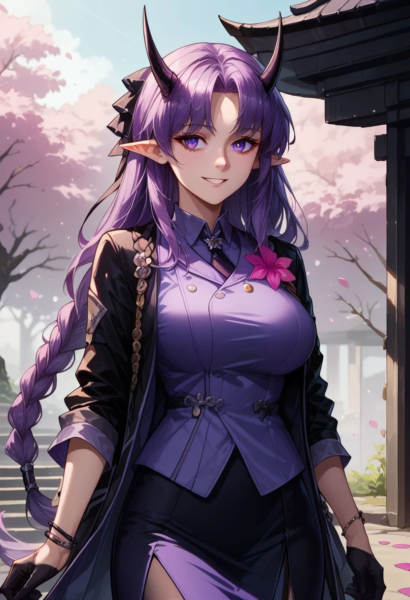 score_9, score_8_up, score_8, score_7_up,score_6_up,
patHibiscus, long hair, purple hair, braid, pointy ears, horns, black necktie, purple shirt, black jacket, open clothes, pink flower, long sleeves, bracelet, black gloves, half gloves, black skirt, black pantyhose,
cherry blossoms, outdoors, petals, standing, cowboy shot, smile, Expressiveh