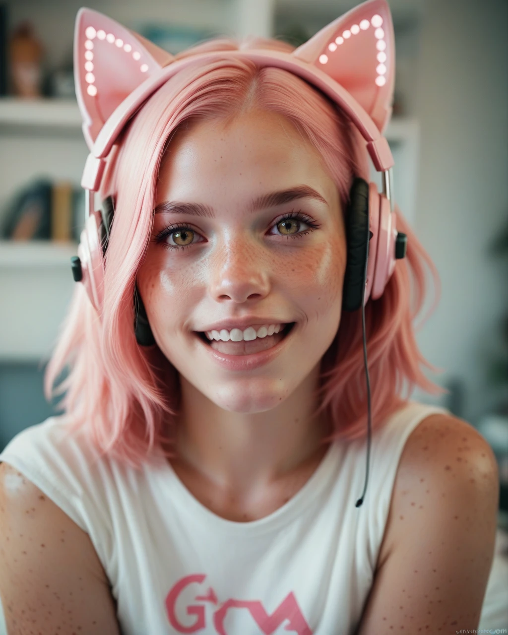 score_9,score_8_up, score_7_up, photograph of a cute gamer girl, pale skin, pink hair, medium hair, freckles, headphones, cat ears