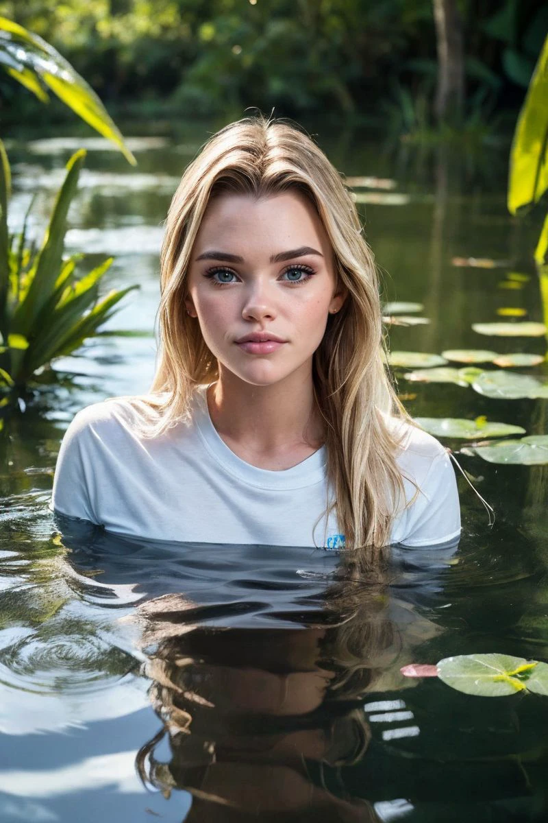 portrait of S440_ChloeRose,a beautiful woman,in a (swamp:1.1),wearing a (long-sleeved-tshirt),(wet-hair),(4k, RAW photo, best quality, 50mm, depth of field, ultra high res:1.1),(intricate, photorealistic, cinematic-shot, masterpiece, ultra-detailed:1.1),