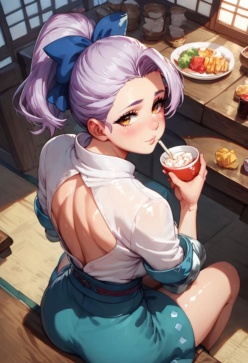 score_9, score_8_up, score_7_up,   
1girl, jericho, \(Seven Deadly Sins\),(ultra HD quality details), lavender hair, hair bow, ponytail,
cute girl, shiny skin, beautiful eyes BREAK japanese bar, drinks, food, sitting on a chair, back view, looking back at viewer, high angle perspective,