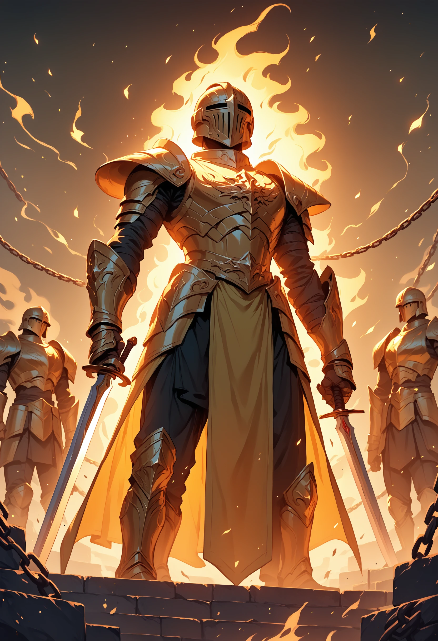 f1r3elemental style, fire, f1r3elemental style, gold armor, armor, full armor, shoulder armor, solo, 1boy, pauldrons, male focus, weapon, chain, standing, holding, breastplate, helmet, sword, gauntlets, holding weapon, yellow theme, faulds, glowing, fire, flames, smoke, embers, made of fire, BREAK PonyXLV6_Scores , <lora:END-Fire_Elemental_Style:1>