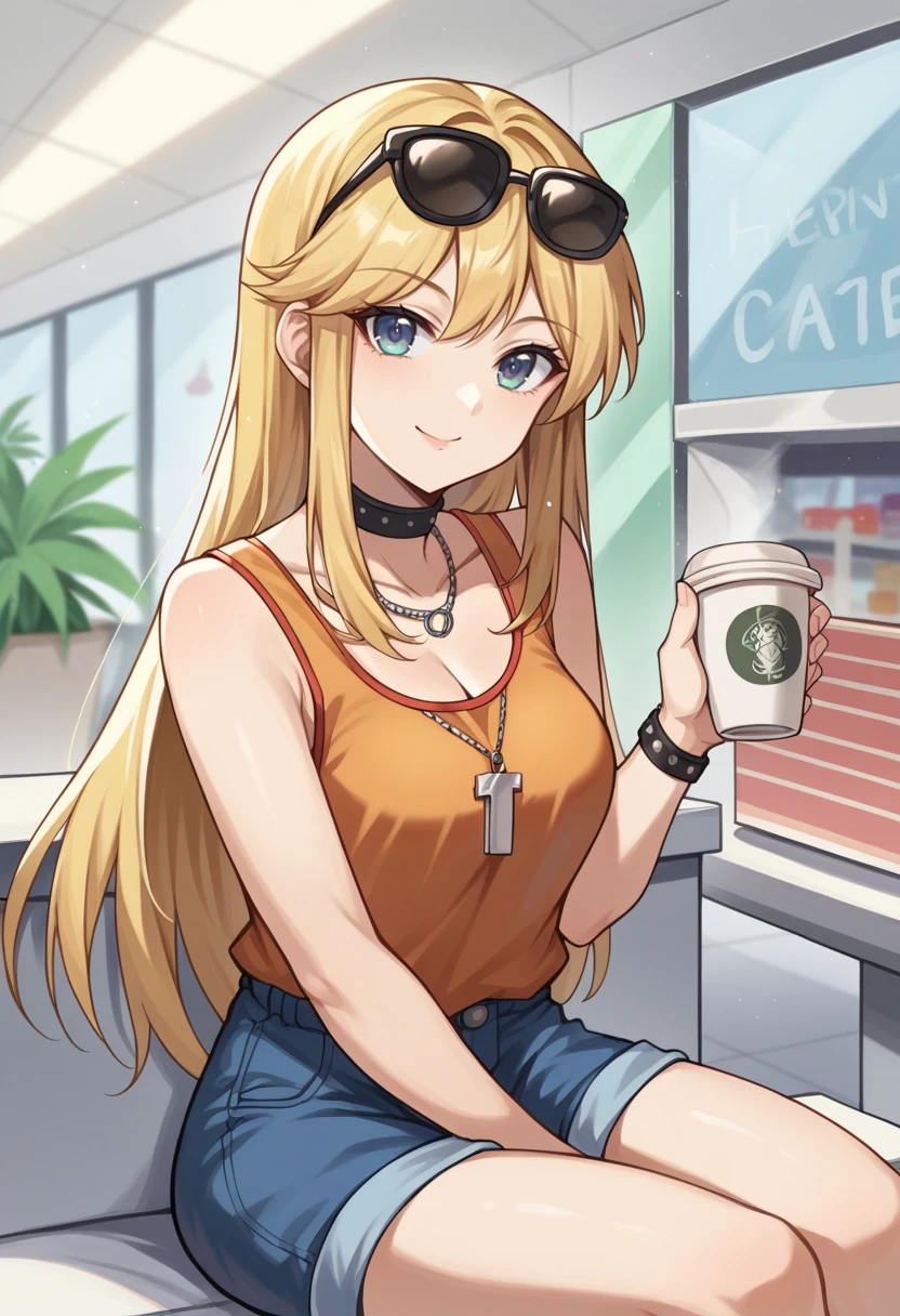 score_9, score_8_up, score_7_up, source_anime BREAK 1girl, solo,
<lora:zs_AsukaXL:1> asukamtii, blonde hair, long hair, choker, necklace, orange tank top, sunglasses, blue shorts,
cowboy shot, mall, smile, looking at viewer, sitting, drinking coffee