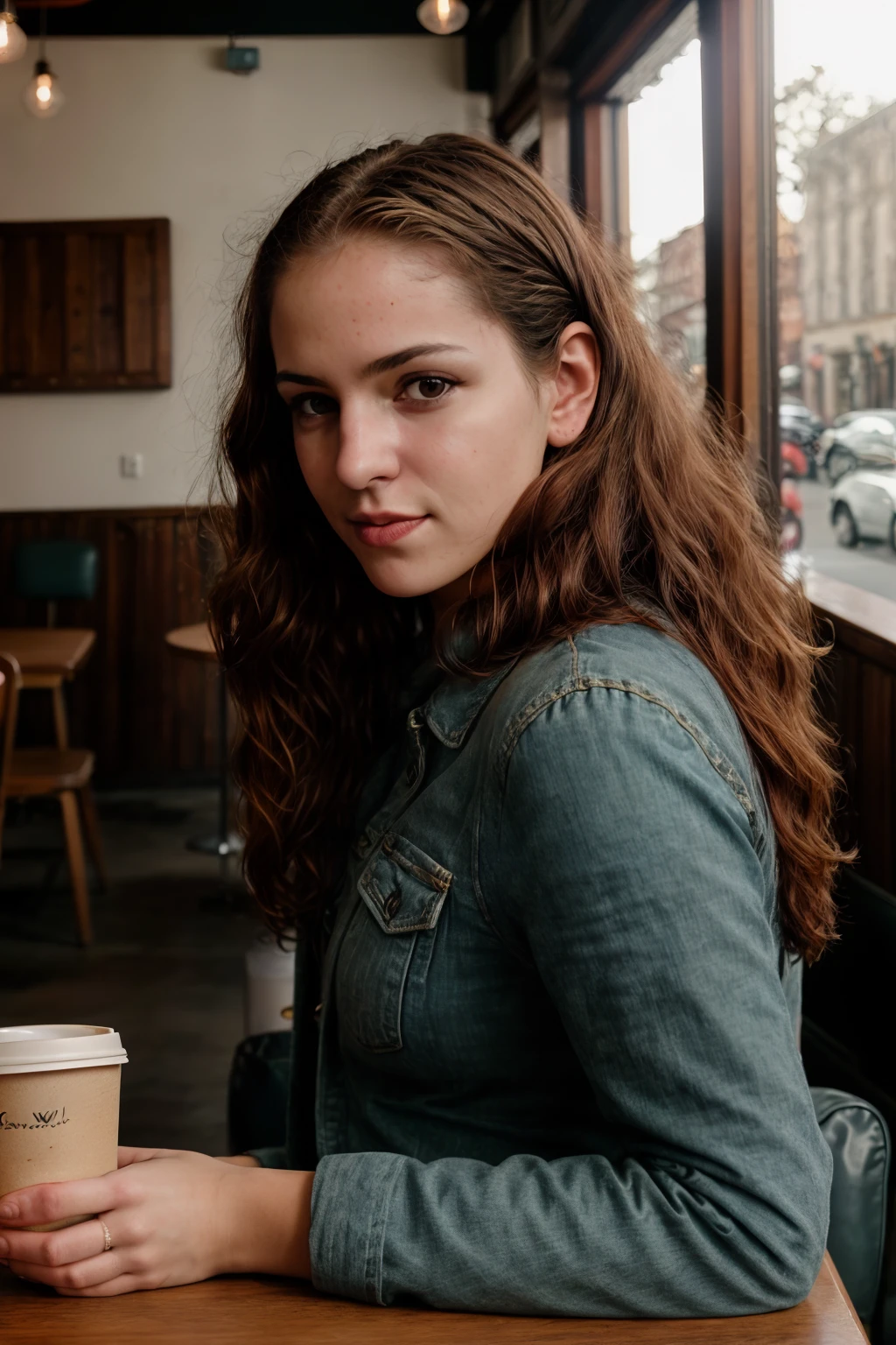 <lora:KimmieCream:0.8> full color portrait of a young woman, having coffee at a vintage cafe, natural light, RAW photo, subject, 8k uhd, dslr, soft lighting, high quality, film grain, Fujifilm XT3, Nikon D850