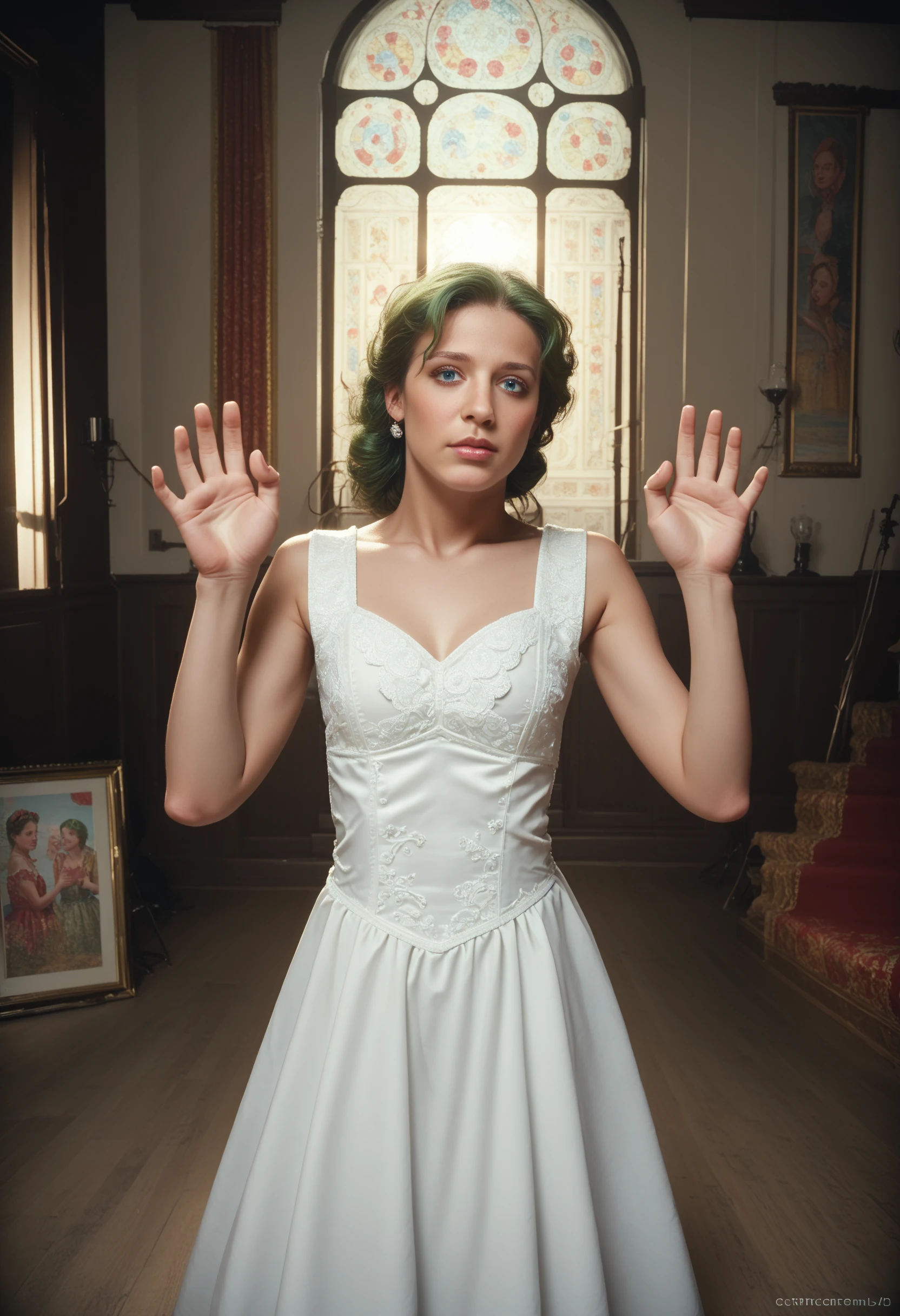 bcksvtfrz , 1girl, female focus, formal, victorian dress, blue eyes, green hair, indoors, dancing, hands up, looking at viewer, cinematic lighting, cinematic angle, zPDXL , <lora:Backon74Style:0.8>