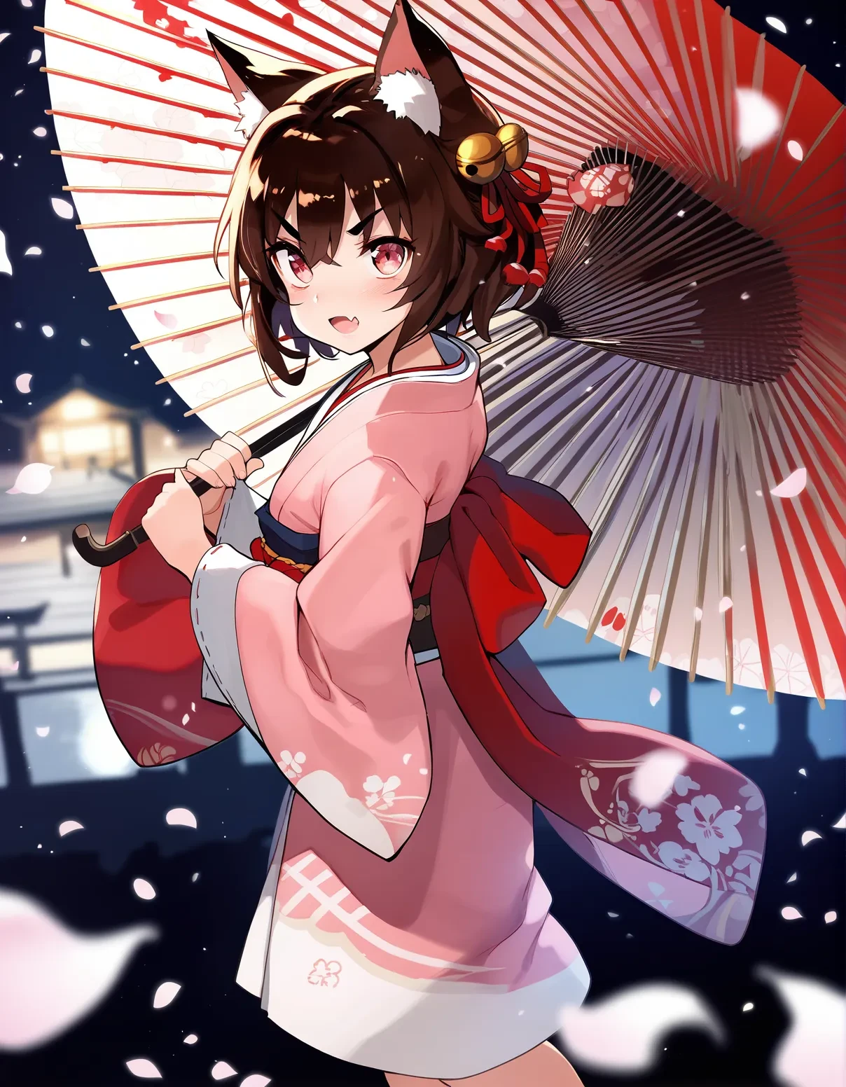 score_9, score_8_up, score_7_up, score_6_up,score_5_up,score_4_up, a girl in a, from side, looking at viewer, from above, dutch angle, temple, dappled moonlight, lantern,
1girl, mahjong tile, umbrella, solo, animal ears, japanese clothes, mahjong, open mouth, brown hair, holding, bell, cat ears, kimono, oil-paper umbrella, short hair, smile, hair bell, looking at viewer, hair ornament, pink kimono, holding umbrella, fang, wide sleeves, jingle bell, sash, blush, skirt, long sleeves, petals, ribbon, red sash, red umbrella, food, obi, feet out of frame, :3, hair ribbon, :d, brown eyes, pink eyes, standing, v-shaped eyebrows, bow, red eyes, black background, cat girl
<lora:mochi_circle_rin_style_pony6_v1-000036:.9>