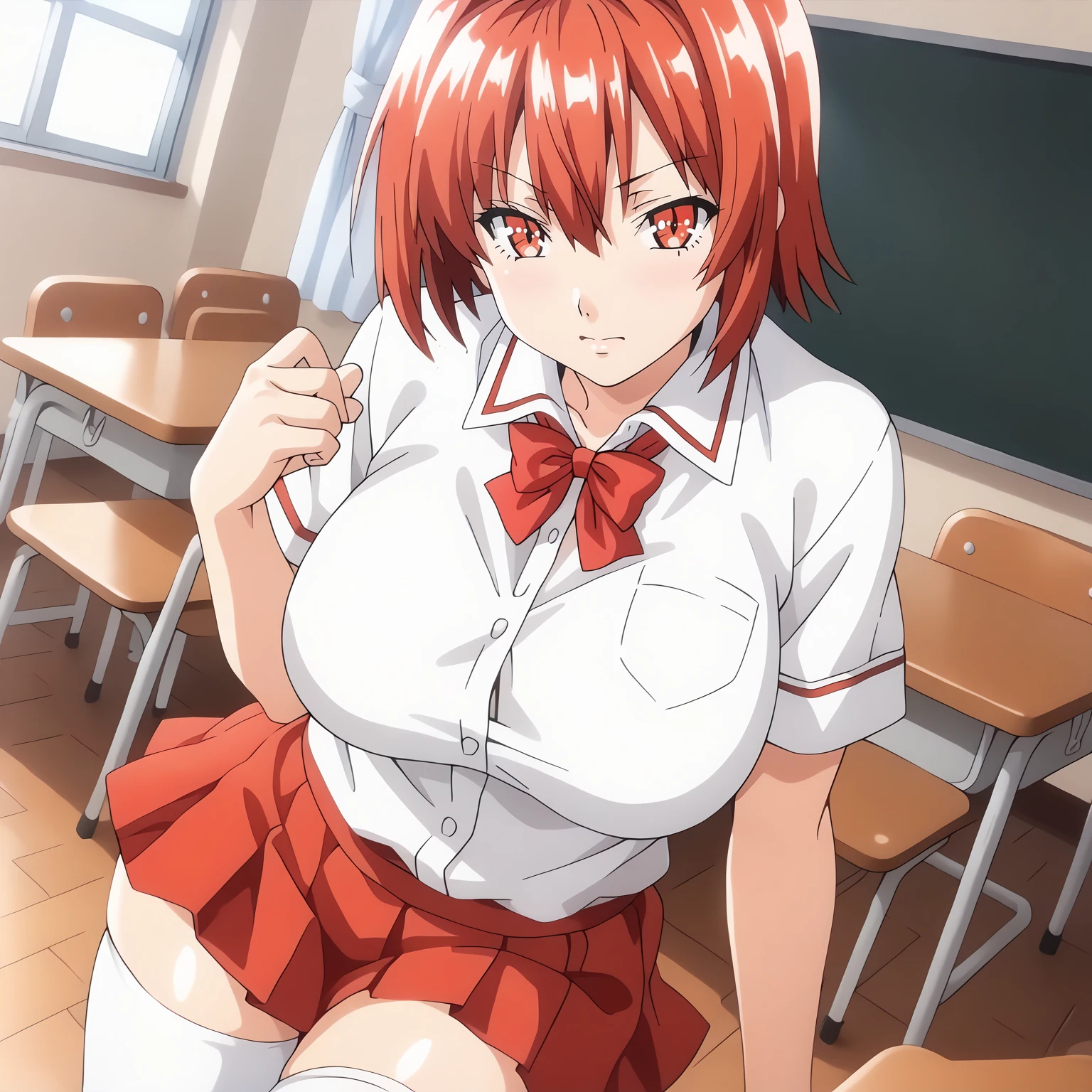 <lora:YuukaYoshiiXLpony001>,
solo,
YuukaYoshii,1girl,red hair,short hair,red eyes,
large breasts,
school_uniform,white shirt,red bowtie,
red skirt,
white_thighhighs,