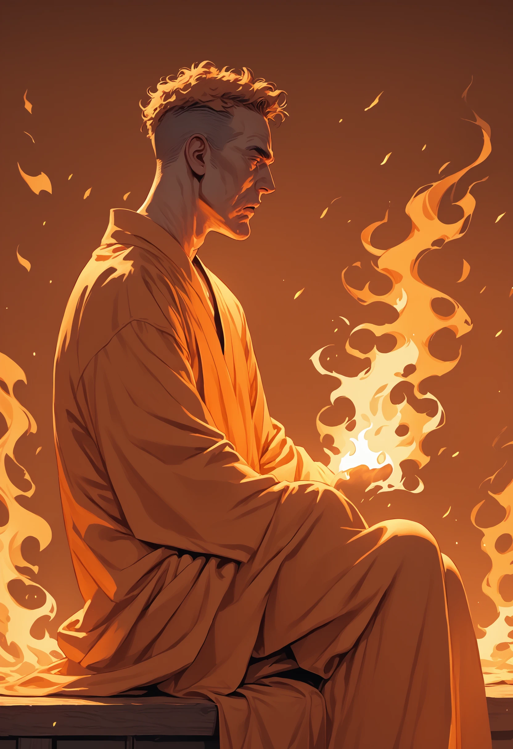 f1r3elemental style, solo, 1boy, male focus, mature, orange robe, fire, sitting, from side, orange theme, burning, smoke, fire, flames, smoke, embers, made of fire,, BREAK PonyXLV6_Scores , <lora:END-Fire_Elemental_Style:1>