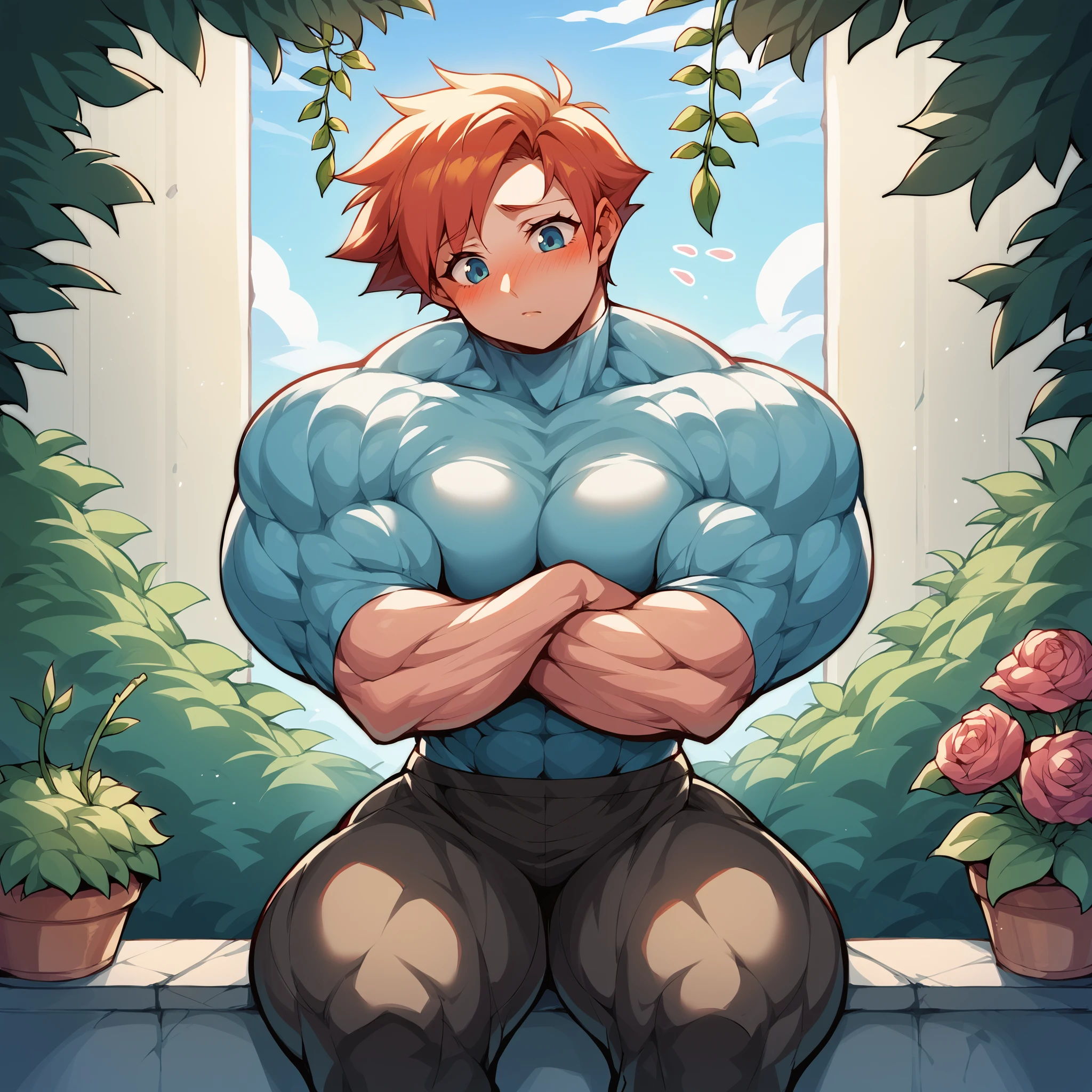 score_9, score_8_up, score_7_up, score_6_up, score_5_up, score_4_up BREAK source_anime, exmu, extreme muscular, cute kawai 1girl, shy, nose blush, sitting, crossed arms, looking down, head tilt, grapevines, garden, outdoors, cowboy shot, <lora:ExtrememusclePDXL32.0.9tx1-000003:1>