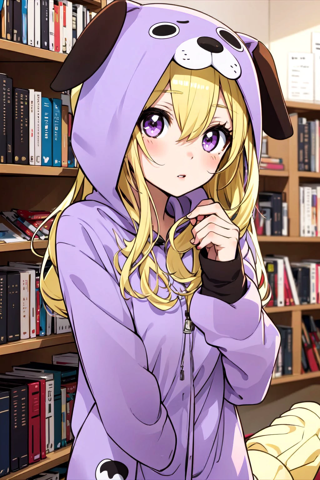 dog costume, purple eyes, blonde hair, 1girl, solo, looking at viewer, indoors, upper body, long sleeves, long hair, bookshelf, kigurumi, pajamas, blush stickers, anime coloring, parted lips, <lora:02768be6-7015-4ba2-97f3-69ab523e5261:0.7>