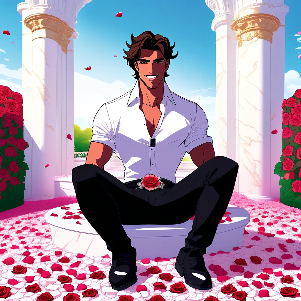 a handsome brown haired (man:1.3), muscular, masculine stylish hair, beautiful detailed deep dark brown eyes, light brown skin, tanned skin, handsome face, handsome smile, (white:1.2) buttoned (shirt:1.2) with rolled up sleeves, black pants, black shoes, belt with a rose buckle, rose necklace, expensive watch, medium full body view, colorful, front angle  (masterpiece:1.2), (best quality:1.2), ultra-detailed, best shadow, detailed background, high contrast, (best illumination, an extremely delicate and beautiful), ((cinematic light)), hyper detail, dramatic light, intricate details, 8k, anime, very aesthetic, (sitting:1.4) on a white (throne:1.5) covered in roses, in a white marble castle rose garden, roses cover the walls, rose petals in the air, rose petals cover the ground, bright blue sky, spring season, breezy weather, soft lighting, morning time