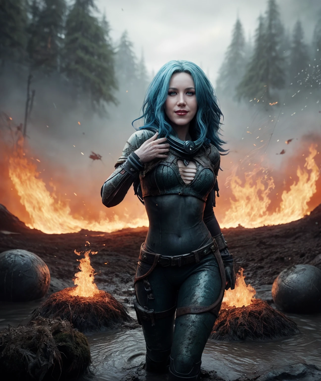 , <lora:quiron_AlissaWhiteGluz_v7230_Lora:0.87> , 1girl,  alissaWhiteGluz,solo, long hair, realistic, lips, looking at viewer, , , Image a woman with her legs made of water, the chest is made of mud and moss, the hair is red flames and blue of fire, it is a beautiful and powerful essence of nature, the backgroud is a very deep blue planet, she smiling and feels good, the image is as one Photography of Griffiths and Wadim Kashin,