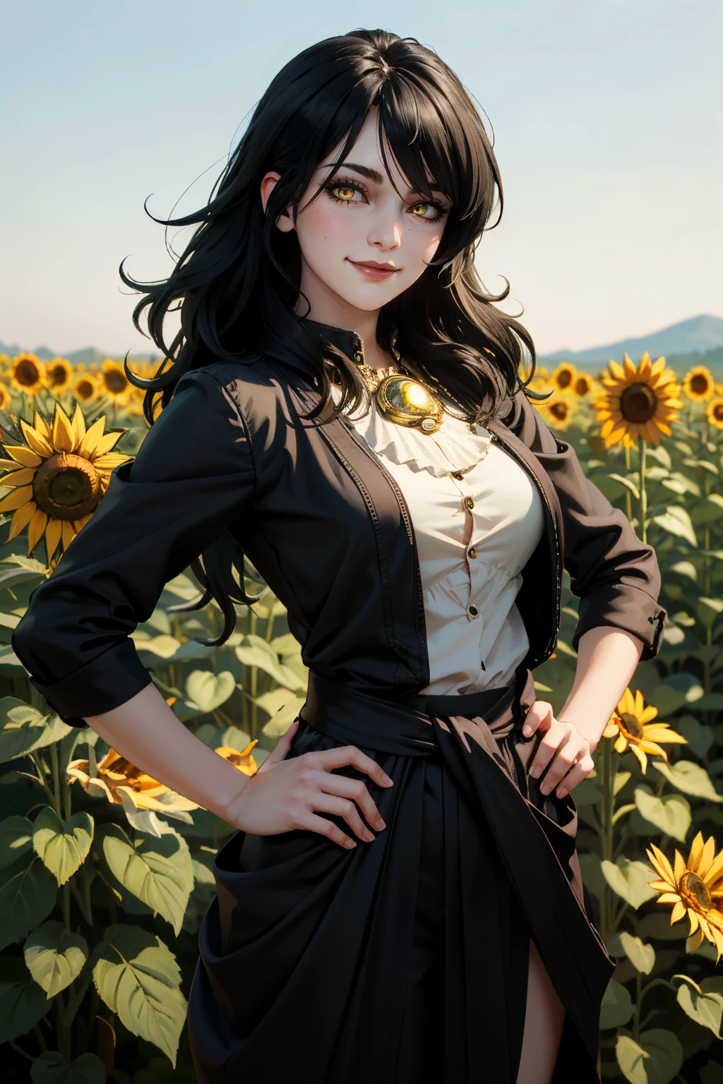 ((ultra detailed, masterpiece, absurdres))
 <lora:DAMorrigan:0.8>
DAMorrigan, 1girl, black hair, yellow eyes, surrounded by sunflowers in a bright field, smiling, with hands on hips