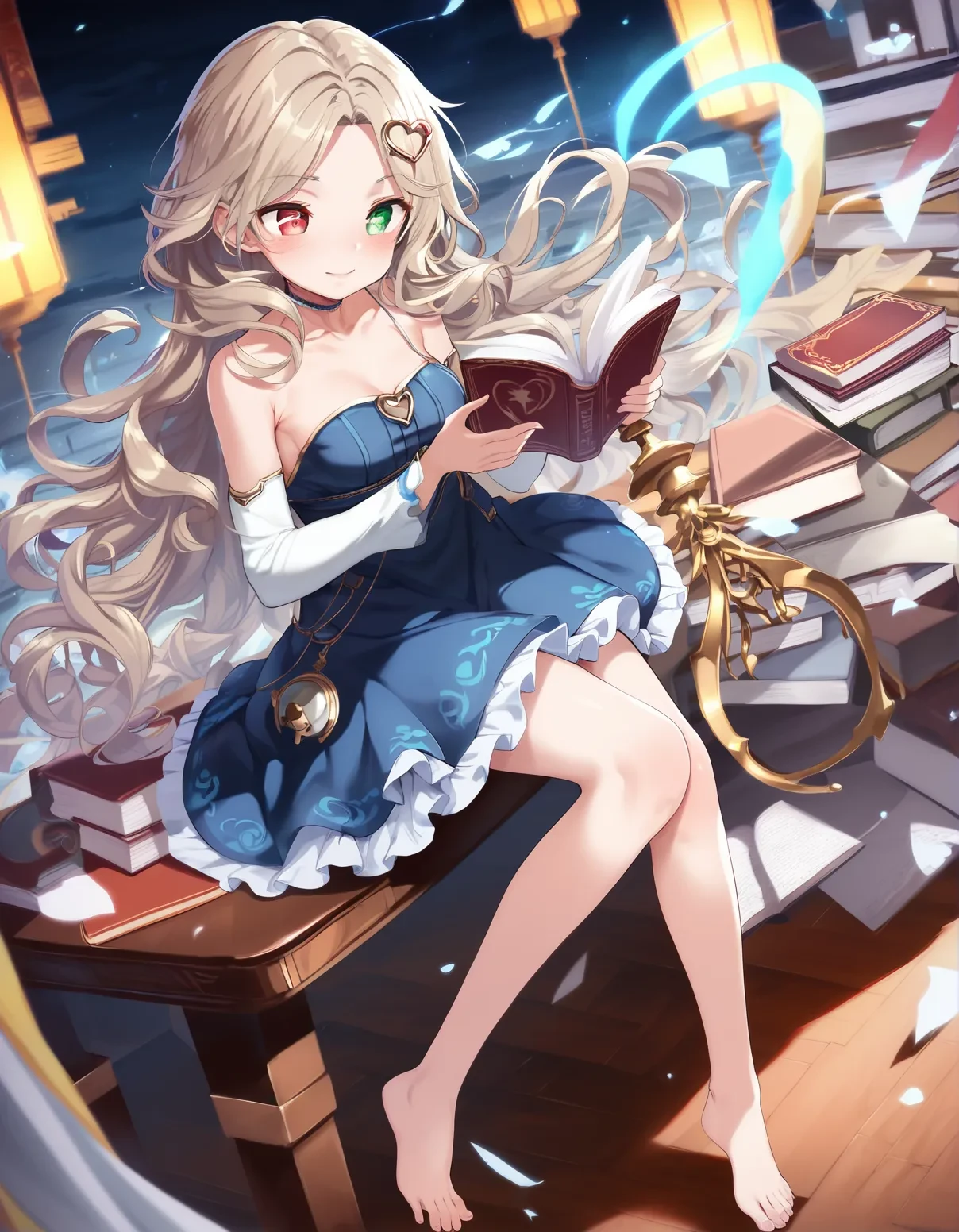 score_9, score_8_up, score_7_up, score_6_up,score_5_up,score_4_up, a girl in a magic tower, sitting on a table, from side, looking away, from above, dutch angle,
1girl, long hair, solo, heterochromia, book, green eyes, holding, dress, smile, looking at viewer, hair ornament, frills, holding book, red eyes, heart, barefoot, very long hair, bare shoulders, open book, standing, closed mouth, frilled dress, heart hair ornament, blush, parted bangs, detached sleeves, bare legs, collarbone, wavy hair, symbol-shaped pupils, white hair, blue dress, choker, blonde hair, yellow eyes, full body, jewelry, wind, skirt, wind lift, light brown hair, medium breasts,
<lora:mochi_circle_rin_style_pony6_v1-000036:.8>