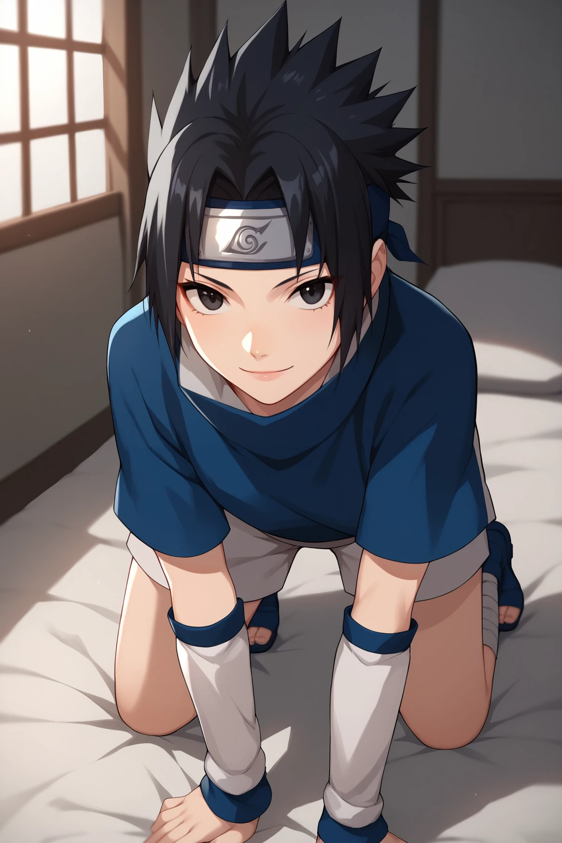 score_9, score_8_up, score_7_up, score_6_up, score_5_up, score_4_up, SasukeGEXL, black eyes, black hair, short hair, spiked hair, parted bangs, forehead protector, high collar, blue shirt, short sleeves, detached sleeves, white shorts, solo, all fours, seductive smile, looking at viewer, indoors <lora:SasukeGEXL:0.8>