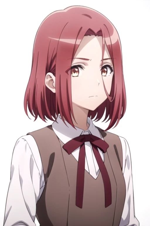 solo, 1girl, looking at viewer, 2D, anime, official style, anime coloring, anime screencap, upper body, (simple background, solid white background:1.3), <lora:grete-spyclassroom:0.8>, grete, school uniform, white shirt, vest, ribbon, closed mouth