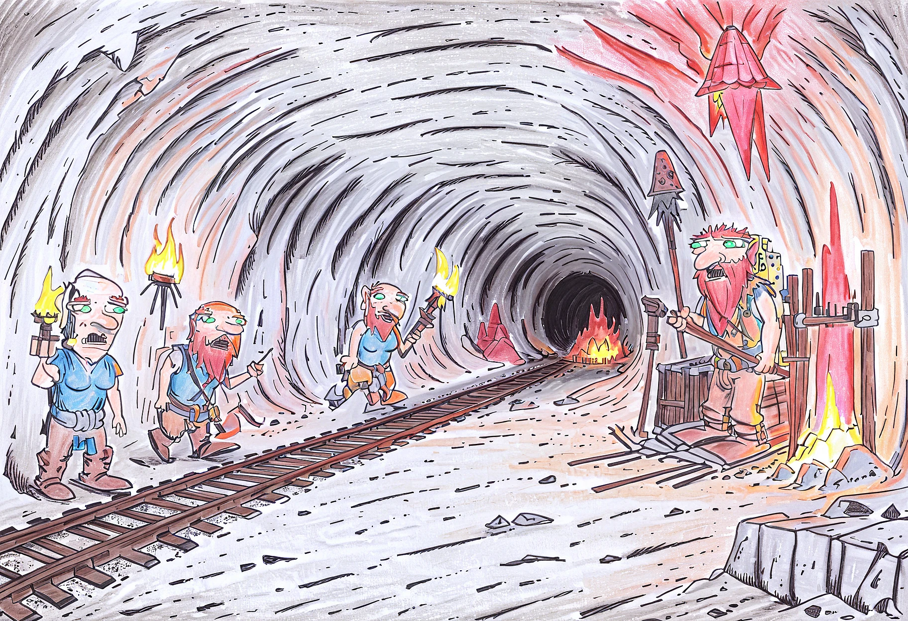 armok, traditional media, three people in a deep mine tunnel, magma, rock, pickaxes, torches, minecart, railroad, wooden supporters,