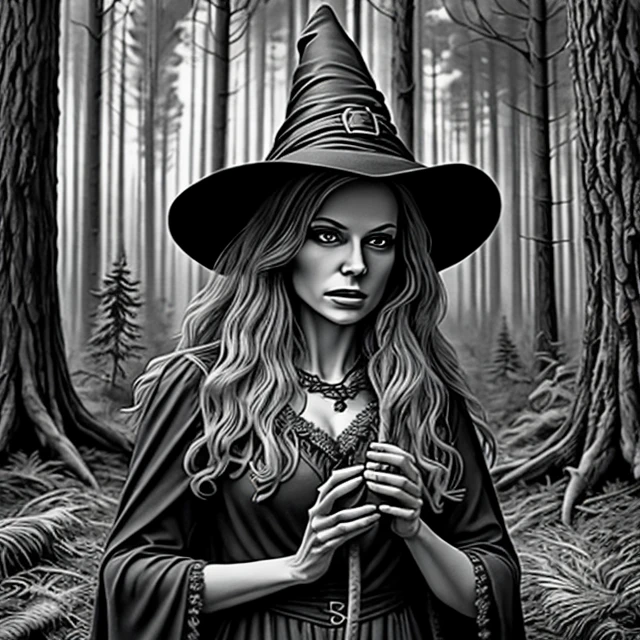 witch in forest, monochrome, greyscale, realistic  <lora:bwLaser-000009:0.7>