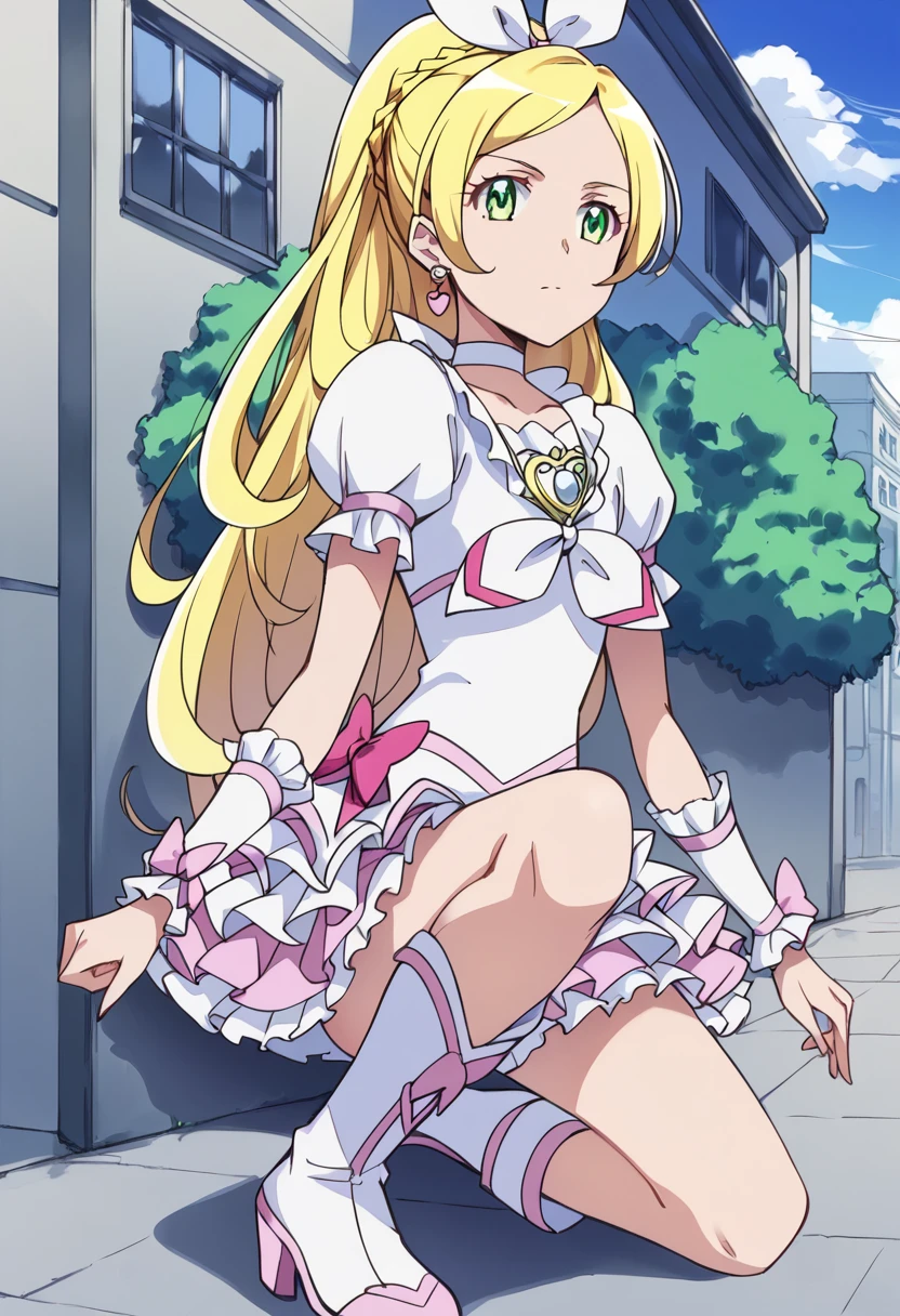 score_9, score_8_up, score_7_up, source_anime BREAK
cure rhythm, 1girl, blonde hair, solo, green eyes, white choker, jewelry, kneeling, earrings, ponytail, knee boots, frills, hair ribbon, brooch, very long hair, tree, building, white dress, eyelashes, outdoors, day, from side, one knee, white footwear, wrist cuffs, white skirt, pink bow, detached sleeves, hair bow, curly hair, heart earrings, layered skirt, frilled sleeves, shadow, french braid, frilled skirt, closed mouth, layered dress, serious, white bow, street, house, collarbone, white neckwear, single braid, white ribbon, expressionless, blue sky, frilled dress, window, puffy short sleeves, cloud, hair ornament
<lora:cure_rhythm_minamino_kanade_sdxl_locon_pony_v1:0.7>