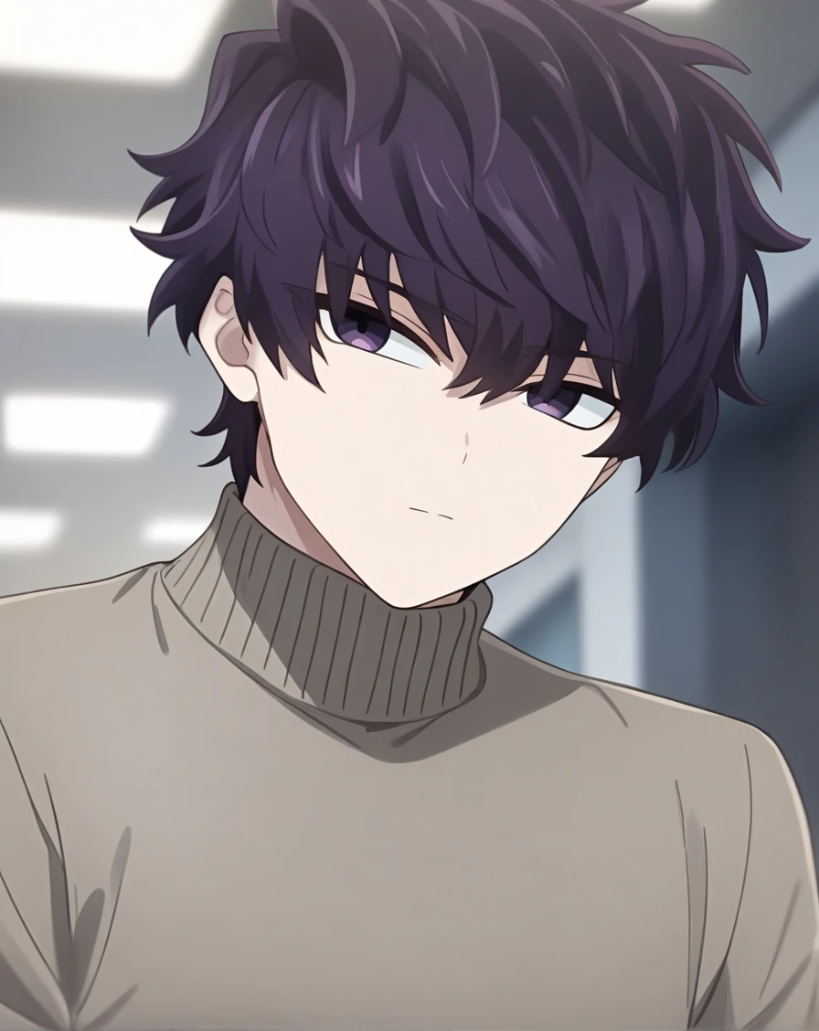 masterpiece, best quality, very aesthetic, absurdres, very detailed, sensitive, depth of field, ((1boy, solo, male only, male focus, upper body)),  <lora:komi_shousuke_sdxl_lora:0.8>, (komi shousuke, purple hair, purple eyes, short hair, hair between eyes, bangs, pale skin), brown sweater, turtleneck sweater,