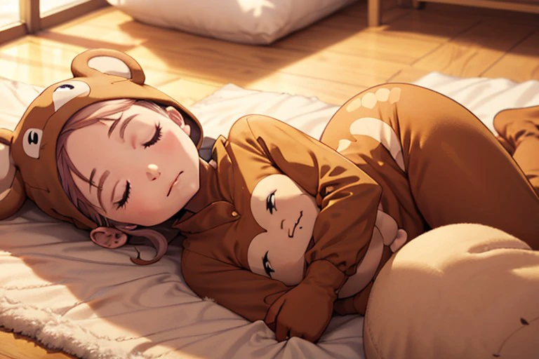 monkey costume, sleeping, <lora:f308998c-1ee4-4315-abe7-7da877bf2d63:0.7>