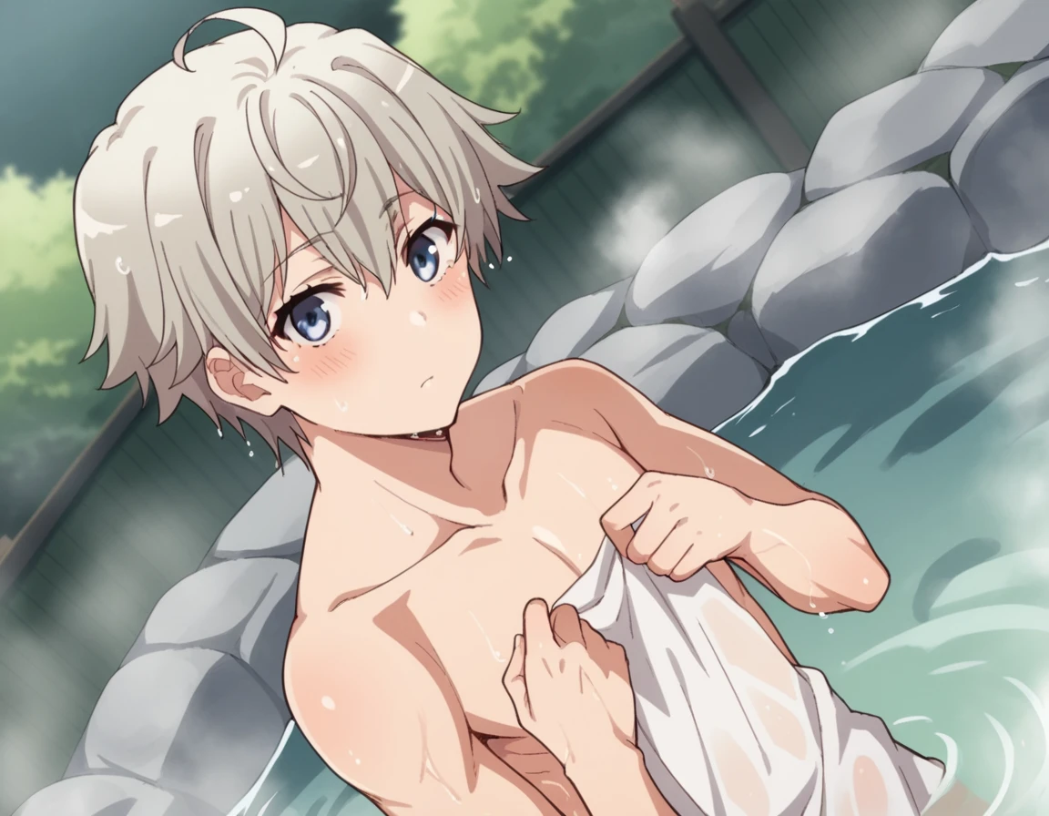 score_9, score_8_up, score_7_up, source_anime,
saikatotsuka, <lora:saika-totsuka-s2s3-ponyxl-lora-nochekaiser:1>,
saika totsuka, blue eyes, ahoge, grey hair, male focus,
nude, naked,
outdoors, onsen, towel, naked towel, steam, bathing, nude cover, partially submerged, water, bath, steam censor, wet towel, blush,
looking at viewer, cowboy shot, solo, dutch angle,