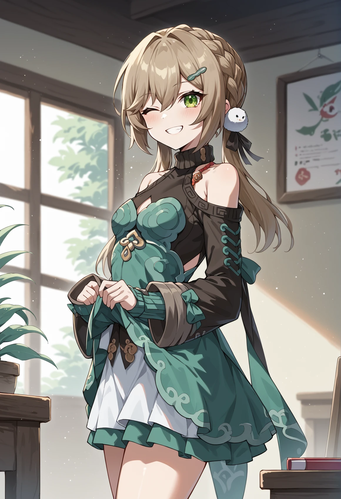 1girl, small breasts, brown hair, green eyes, braid, low twintails, hair ornament, hairpin, short dress, turtleneck, bare shoulders, center opening, cleavage, long sleeves, wide sleeves, skirt, standing, standing, skirt lift, lifted by self, figner to mouth, mesugaki, evil smile, from side, thighs, wink, indoors, cowboy shot,  <lora:QingQue_XL:1>, score_9, score_8_up, score_7_up, score_6_up, score_5_up, score_4_up, BREAK source_anime, masterpiece