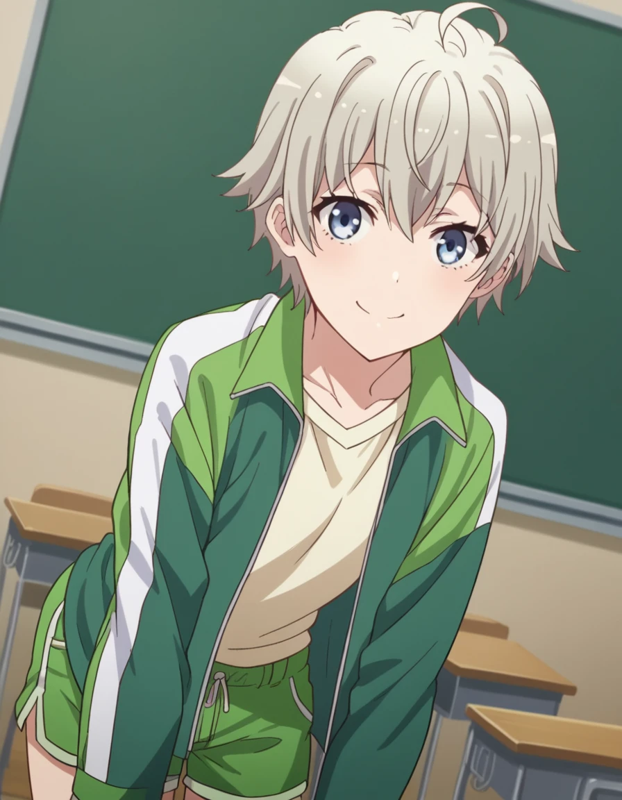 score_9, score_8_up, score_7_up, source_anime,
saikatotsuka, <lora:saika-totsuka-s2s3-ponyxl-lora-nochekaiser:1>,
saika totsuka, blue eyes, ahoge, grey hair, androgynous,
jacket, green jacket, shirt, white shirt, open jacket, shorts, green shorts, raglan sleeves,
indoors, classroom, bent over, smile,
looking at viewer, cowboy shot, solo, dutch angle,