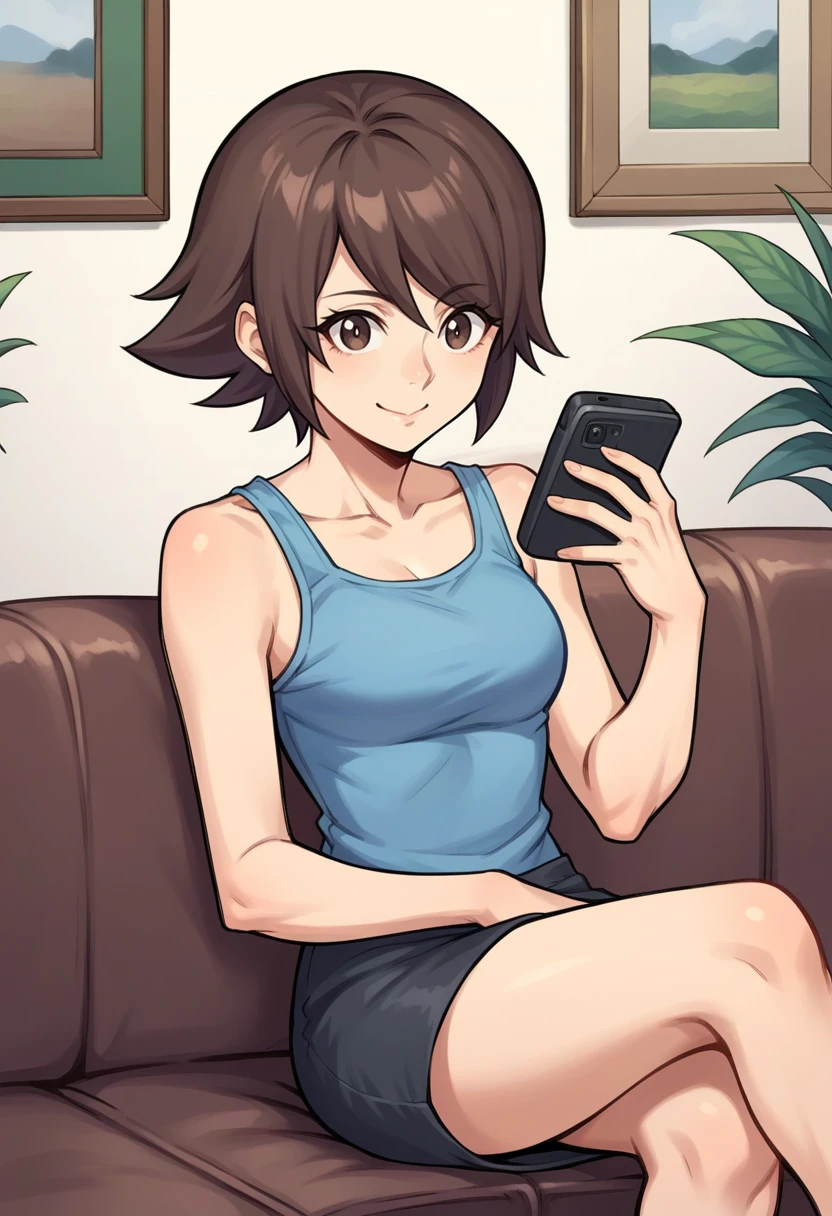 score_9, score_8_up, score_7_up, source_anime BREAK 1girl, solo,
<lora:zs_Dx2MCXL:1> maindx2, brown hair, short hair, blue tank top, black skirt
cowboy shot, smile, closed mouth, living room, couch, sitting, on phone