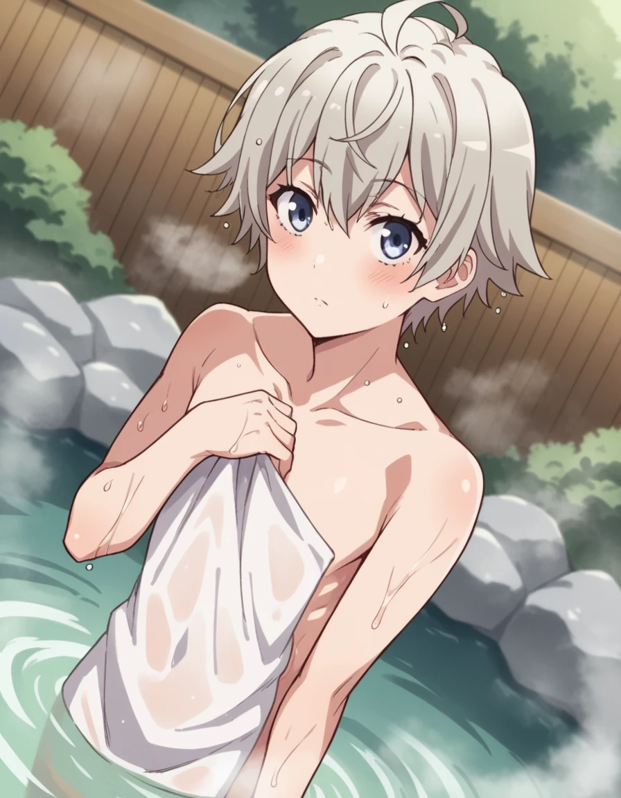 score_9, score_8_up, score_7_up, source_anime,
saikatotsuka, <lora:saika-totsuka-s2s3-ponyxl-lora-nochekaiser:1>,
saika totsuka, blue eyes, ahoge, grey hair, androgynous,
nude, naked,
outdoors, onsen, towel, naked towel, steam, bathing, nude cover, partially submerged, water, bath, steam censor, wet towel, blush,
looking at viewer, cowboy shot, solo, dutch angle,