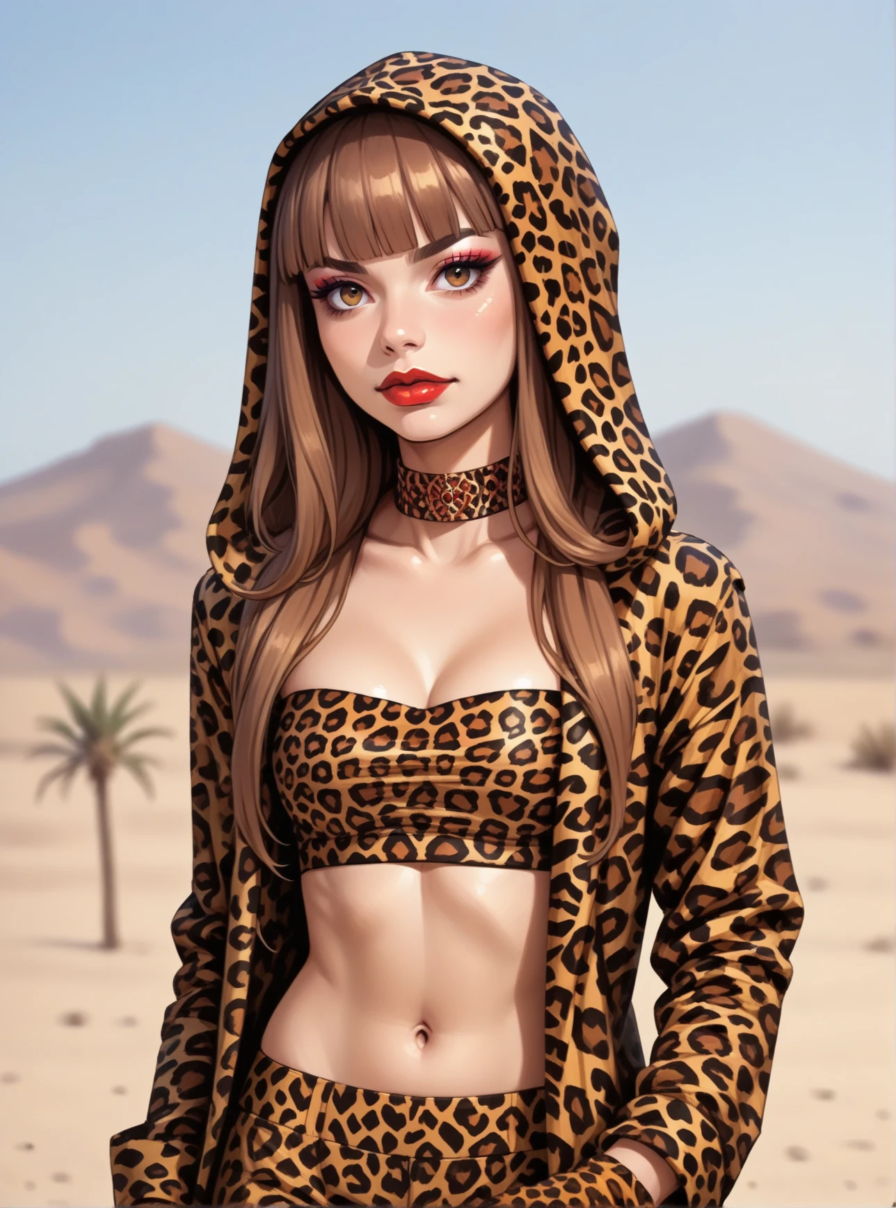 score_9, score_8_up, score_7_up, score_6_up, score_5_up, score_4_up, 1girl, long brown hair, brown eyes, blunt bangs, hud_t_d_i_m_m,  leopard print open coat, tube top, choker, hood, gloves, red lips, makeup, <lora:impress_me:0.8>, desert, portrait