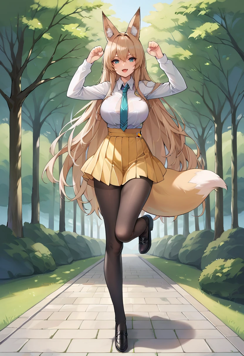 score_9, score_7_up, 1girl,animal ears,aqua eyes,arms up,black pantyhose,dress shirt,fang,fox ears,fox girl,fox tail,full body,outdoors, park,hair between eyes,high-waist skirt,large breasts,light brown hair,long sleeves,looking at viewer,necktie,open mouth,panties under pantyhose,panty peek,paw pose,pleated skirt,shoes,standing on one leg,underwear,very long hair,white shirt,yellow skirt <lora:kincora-Style-PonyXL-Dora-000027:1>