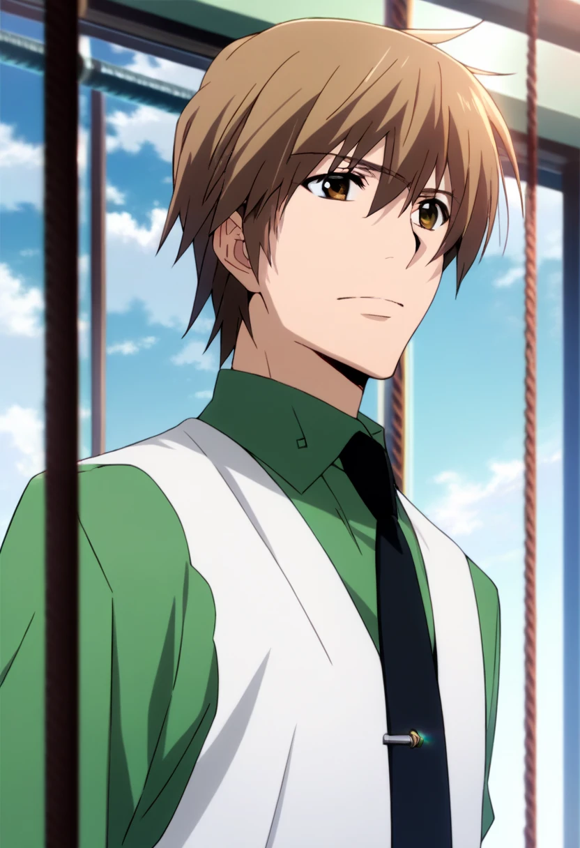 score_9, score_8_up, score_7_up, score_6_up, highly detailed, masterpiece, best quality,detailed,intricate details, amazing quality, best aesthetic, absurdres,source_anime,Futa_tyl, brown hair, brown eyes, green shirt,collared shirt, necktie, 1boy, white vest<lora:EMS-397379-EMS:1.000000>