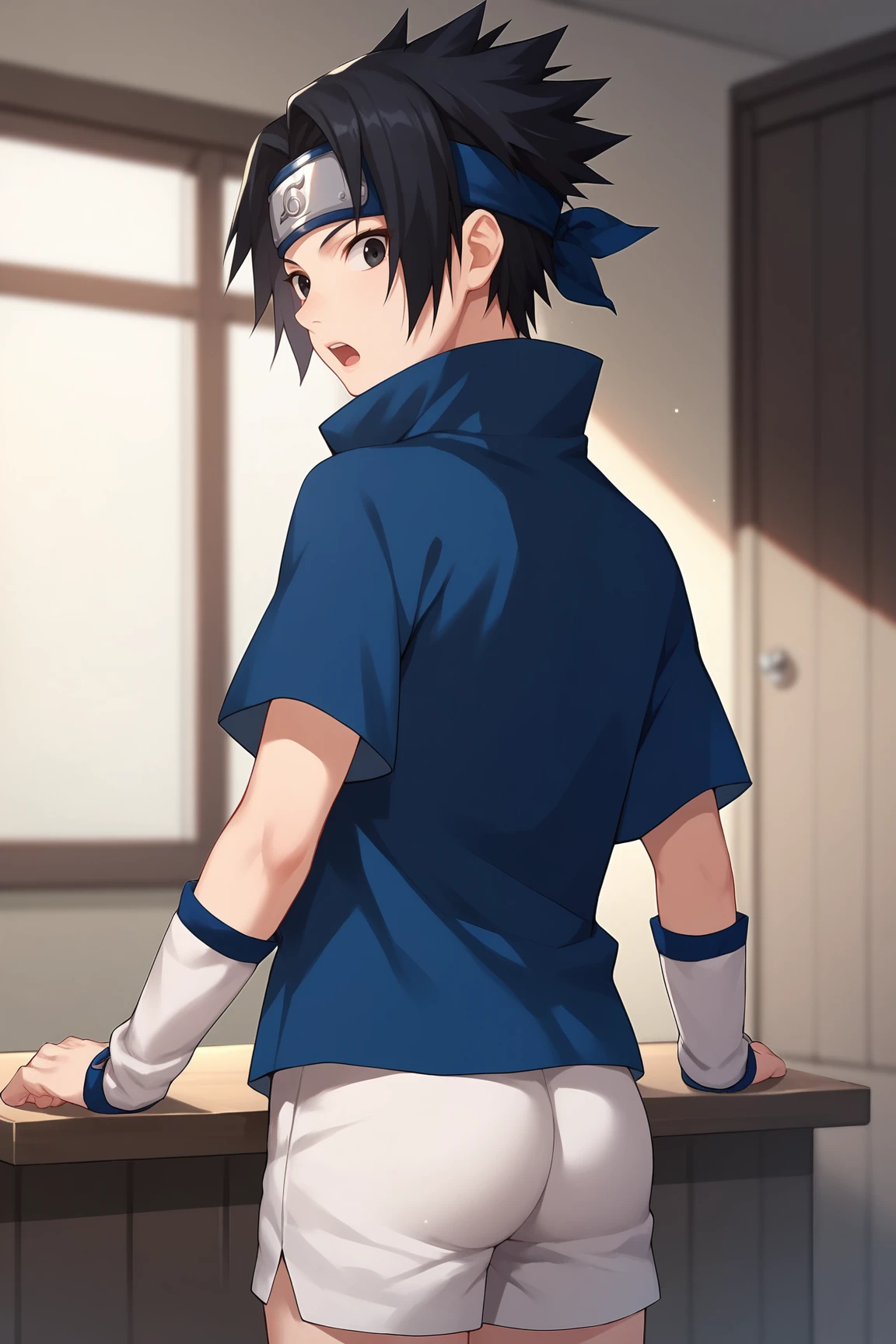 score_9, score_8_up, score_7_up, score_6_up, score_5_up, score_4_up, SasukeGEXL, black eyes, black hair, short hair, spiked hair, parted bangs, forehead protector, high collar, blue shirt, short sleeves, detached sleeves, white shorts, solo, standing, from behind, ass, surprised, looking at viewer, indoors <lora:SasukeGEXL:0.8>