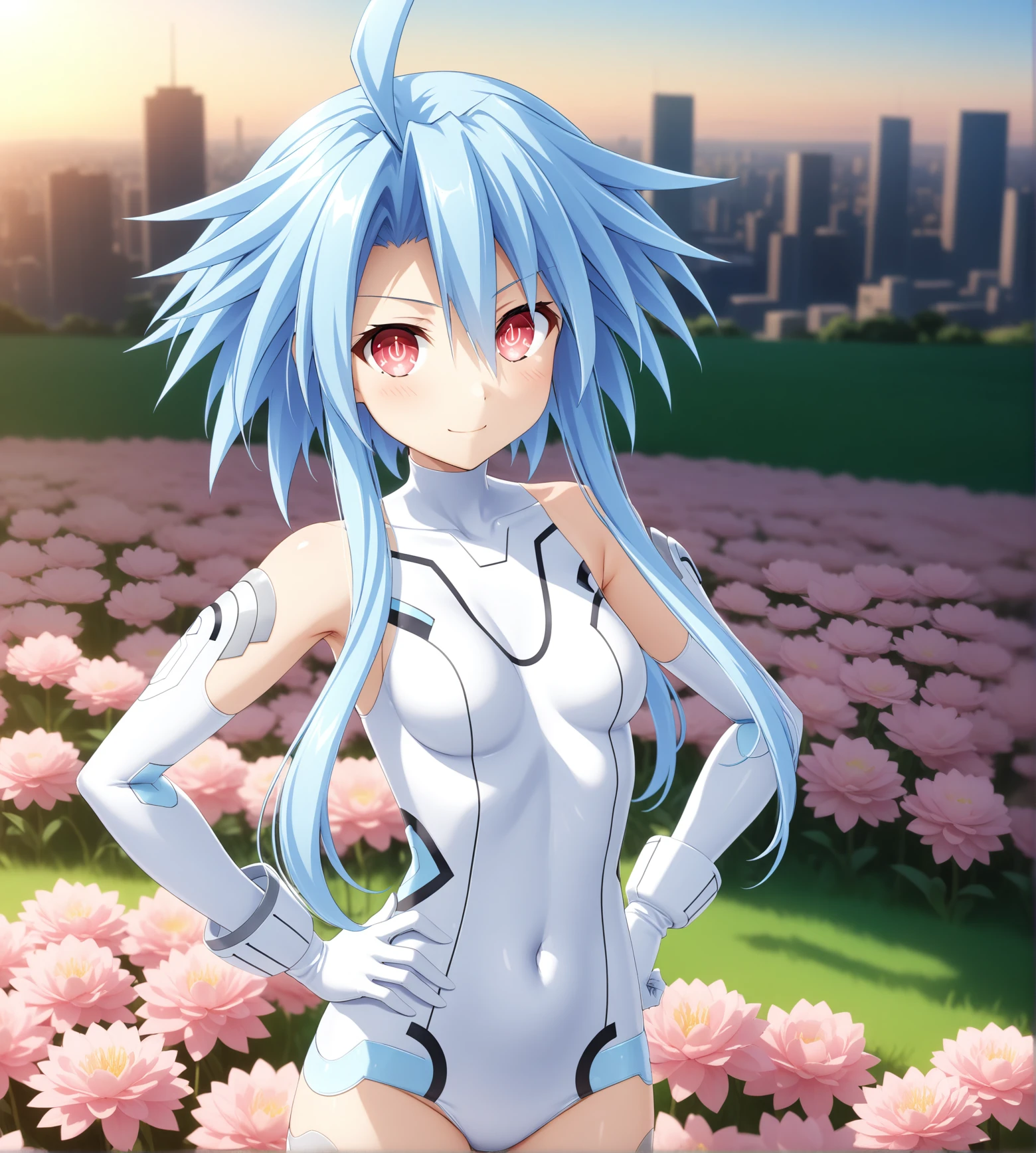 masterpiece, best quality, very aesthetic, ultra detailed, intricate details, 4k, anime style,
aiwhiteheart, 1girl, solo, blush, smile, bangs, power symbol, symbol-shaped pupils, aqua eyes, red eyes, short hair, hair between eyes, blue hair, light blue hair, with long locks, breasts, medium breasts, small breasts, 
thighhighs, gloves, standing, ahoge, sidelocks, elbow gloves, white gloves, white thighhighs, leotard, covered navel, skin tight, white leotard, white heart \(neptunia\), 
standing, upper body, looking at viewer, hands on own hips, outdoors, grass, flowers, field, flower field, sunlight, sky, horizon, skyline, <lora:White_Heart_XL:1>